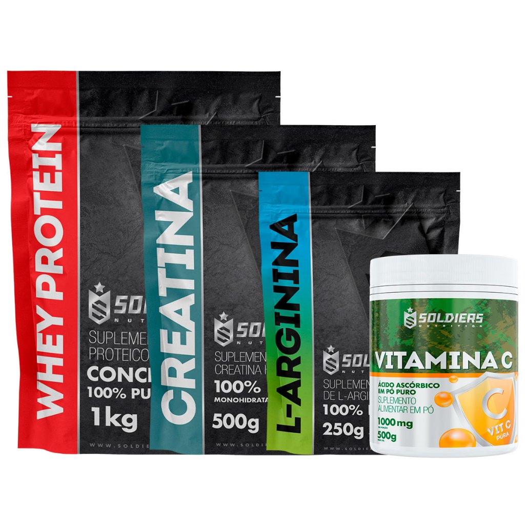 Kit: Whey Protein Concentrado 1kg + Creatina 500g + Vitamina C Em Pó 500g + Arginina 250g - 100% Importado - Soldiers Nutrition