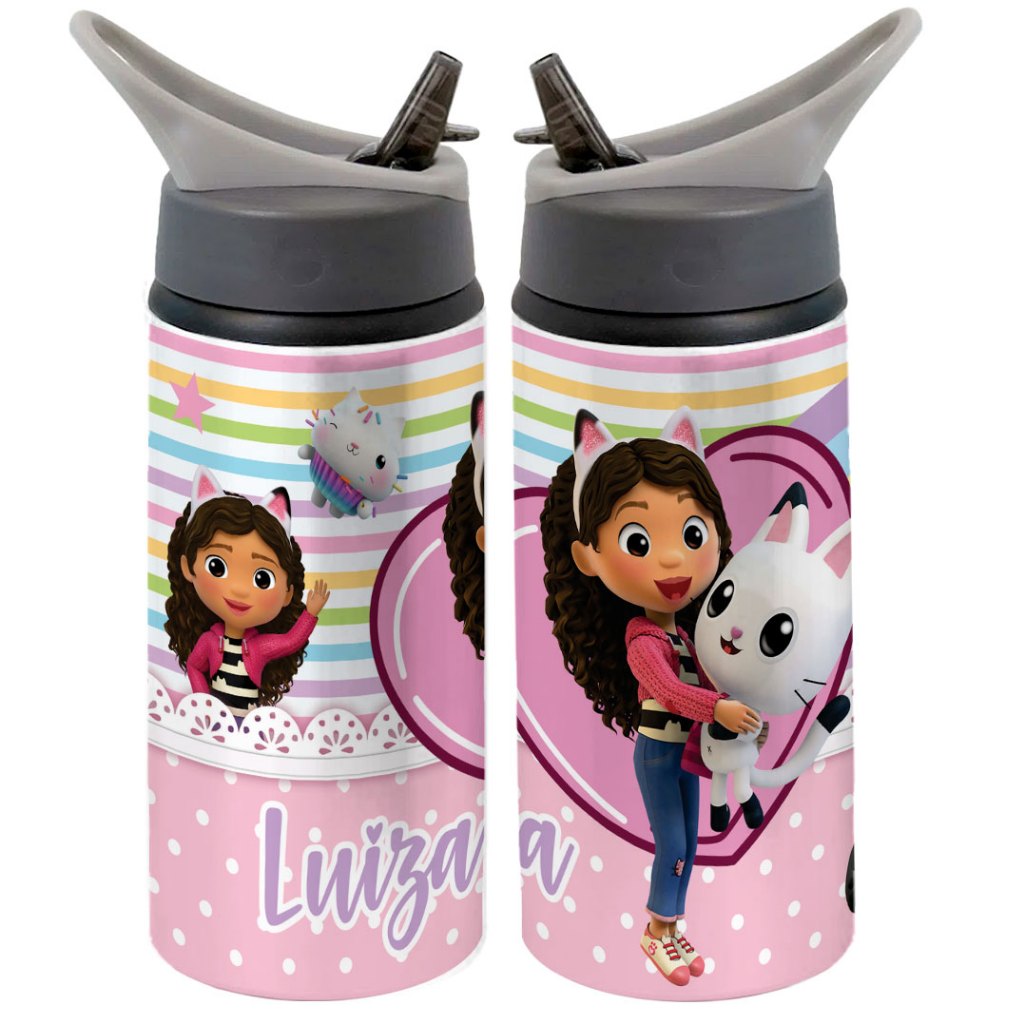 Garrafa Squeeze A Casa Mágica da Gabby Rosa Desenho Infantil Com Nome Personalizado 01