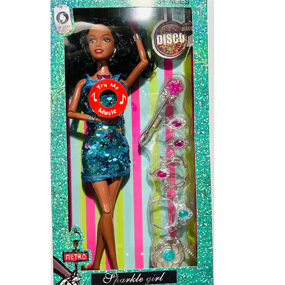 Brinquedo de Boneca com vestido brilhante morena com acessorios ACENDE LUZ E C/SOM