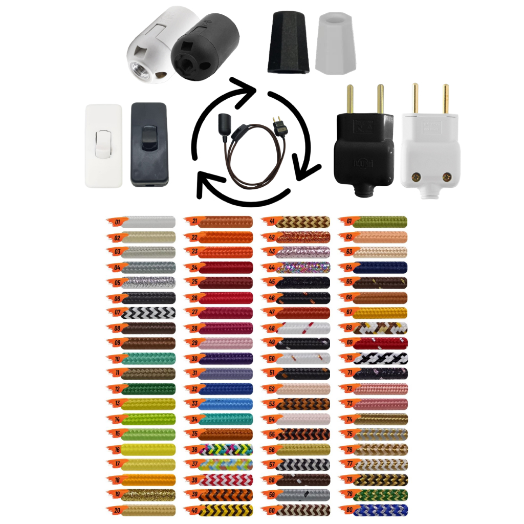 Kit Monte Seu Rabicho Cabo PP Revestido em Tecido 1,50m + Interruptor + Plug Macho + Soquete Liso