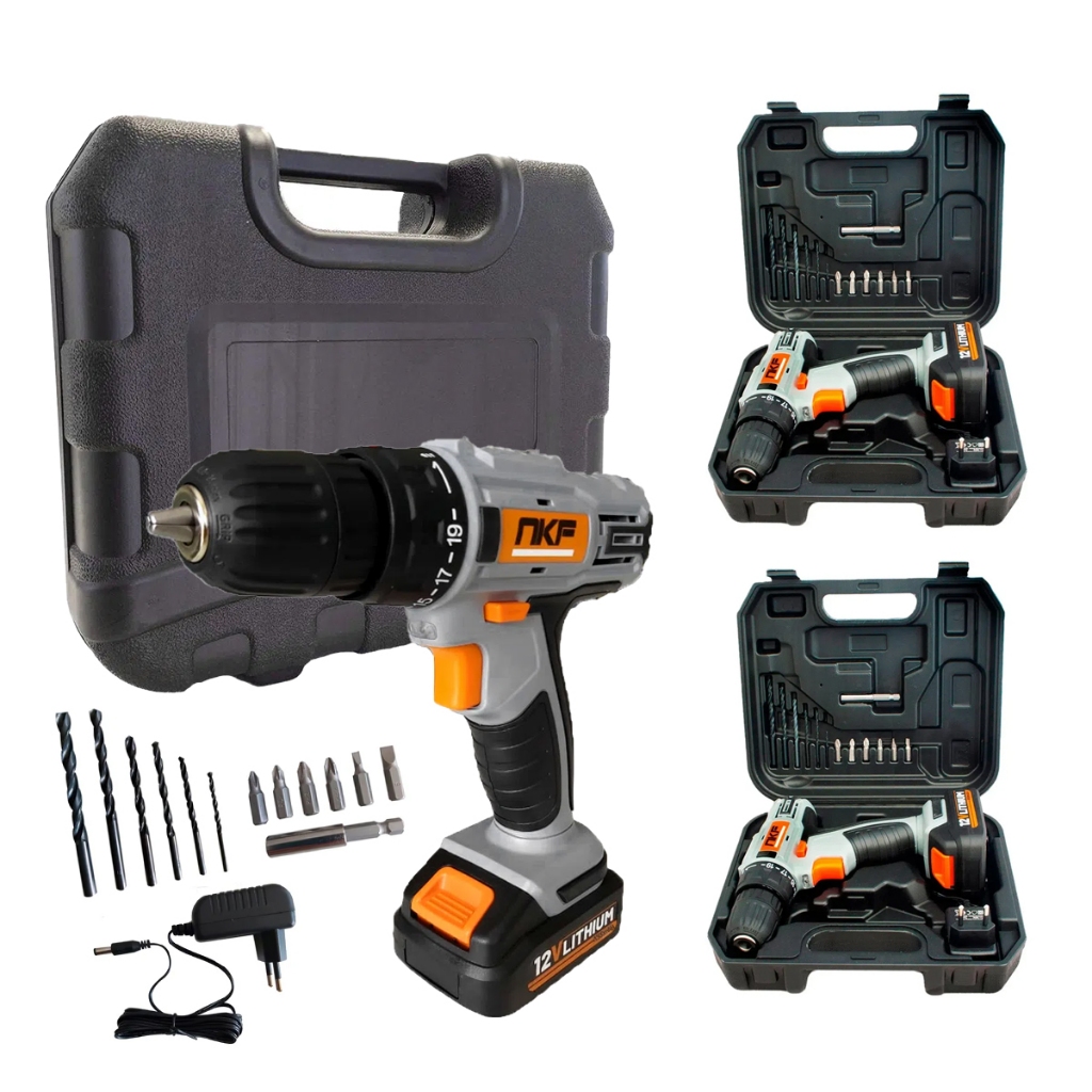 Kit 3 Furadeira Parafusadeira à Bateria 12V com Maletas e Acessórios FP12X NKF em Oferta na Shopee