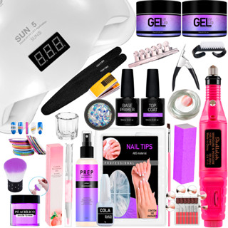 Kit Manicure Completo Gel Uv Led Cabine Sun Lixadeira Eletrica Top Coat Primer Prep Preparadores