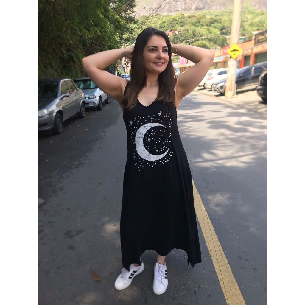 Vestido Longo com Fenda Lateral com Estampa de Lua e Bolso Vestidos Feminino de Malha Viscolycra Roupas Femininas