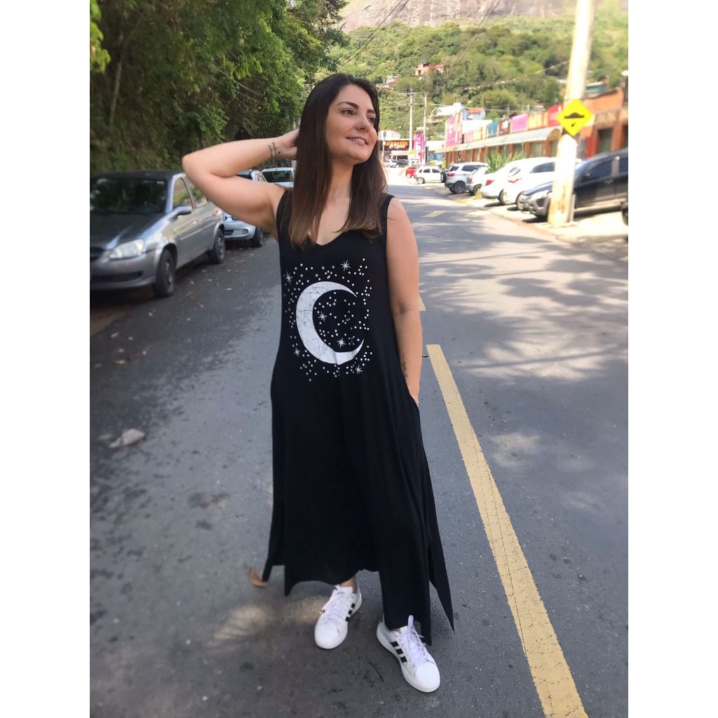 Vestido Longo com Fenda Lateral com Estampa de Lua e Bolso Vestidos Feminino de Malha Viscolycra Roupas Femininas