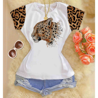 Tshirt feminina manga estampada - Onça pintada