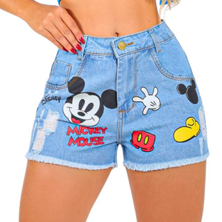 Short Jeans Feminino Silkado Mickey Minnie Claro Rasgado Desenho