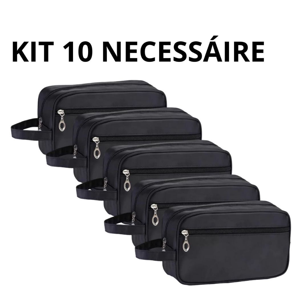 Kit 10 Necessaire Masculina Com Alça Lateral Organizador Mala Viagem Couro Preta