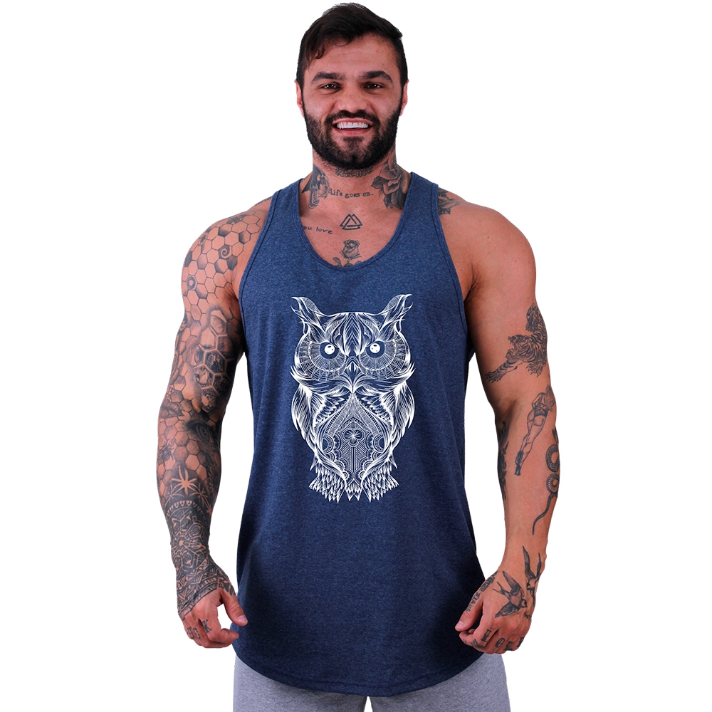 Regata Longline MXD Conceito Coruja Caveira Grafite Man Lifting Caveira Bandana Fitness Casual Saúde
