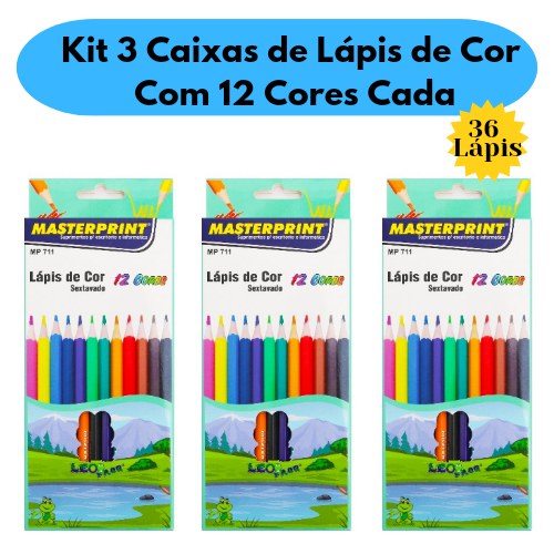 Kit 3 Caixas de Lápis de Cor 12 Cores Sextavado 36 Lápis Escolar Masterprint