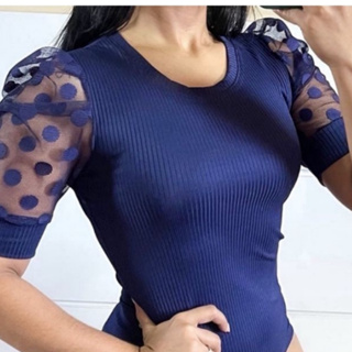 Blusa Feminina Manga de Tule Poa em Oferta na Shopee