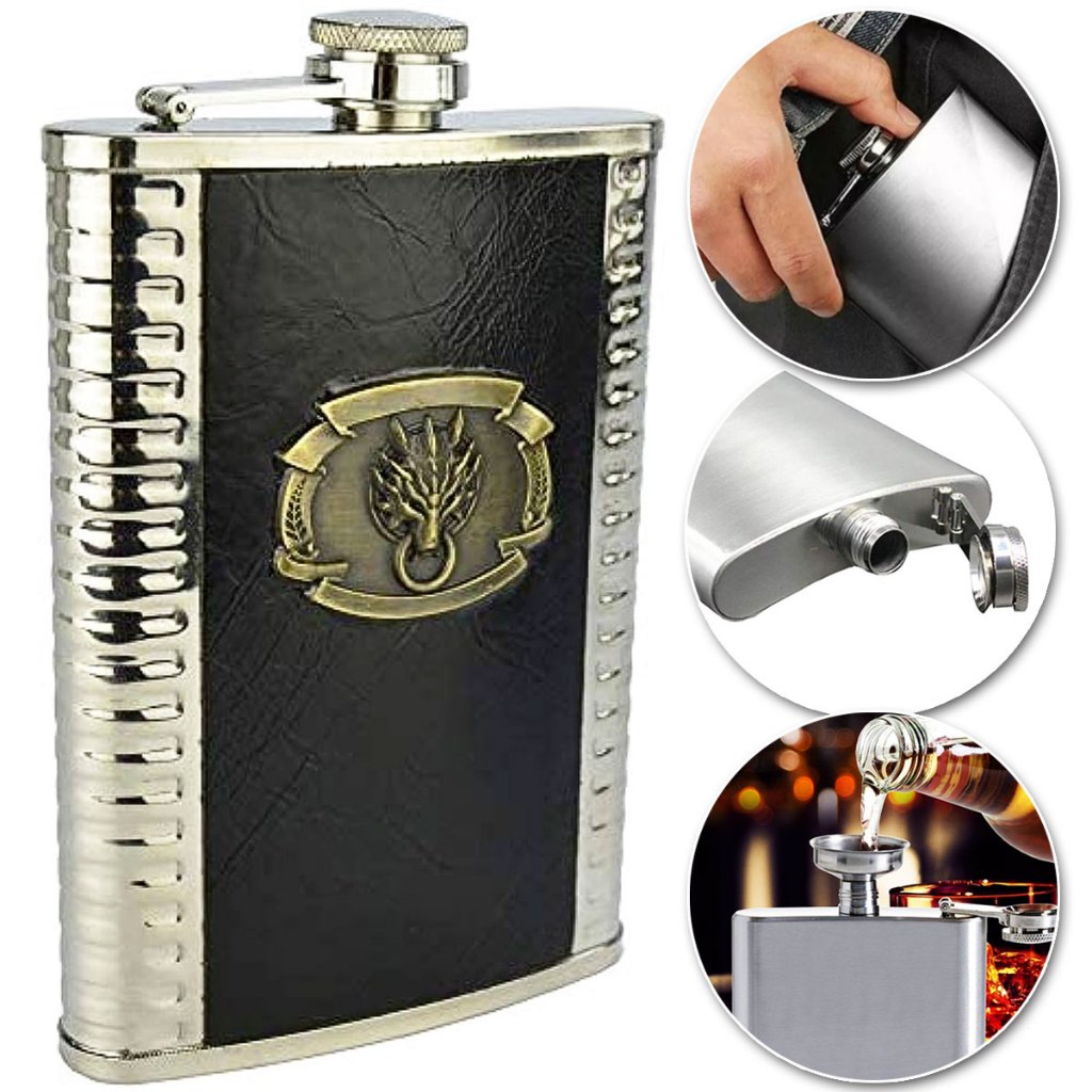 Cantil Inox Frasco Garrafa Whisky Bolso Bar Portátil Couro de Luxo
