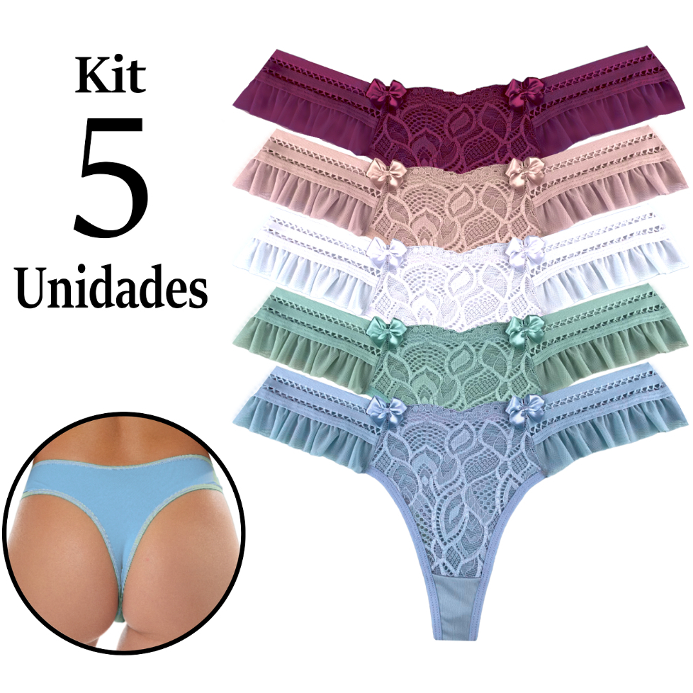 Kit 5 Calcinhas Tanga Tanguinha Fio Dental Renda E Babado Lateral Sensual Conforto Atacado Ref: 340