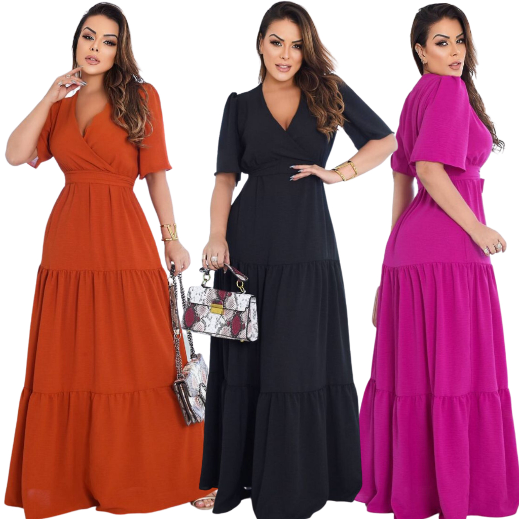 Vestido Longo Feminino Gola V Manga Curta Cinto Faixa Tecido Crepe Duna Garantimos Cores e Tamanhos
