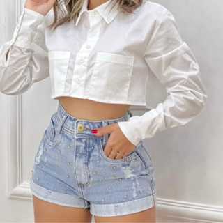 short jeans bermuda feminina cintura alta mom barra dobrada com pedrarias luxo em Oferta na Shopee