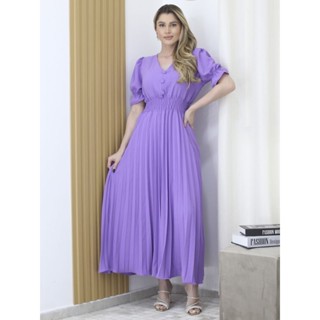 Vestido longo Plissada Gola V com botão manga princesa duna #16