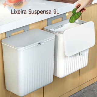 Lixeira Suspensa 9 Litros Com Tampa E Suporte Alto De Adesivos E Alça De Pentura Para Cozi...