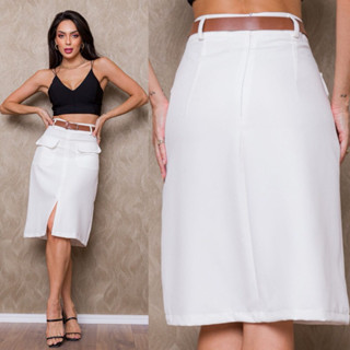 Saia evasê com fenda cinto e zíper moda evangélica super tendência