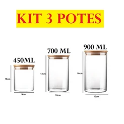 Conjunto Com 3 Potes 900mL 700mL E 450mL Acrílico Com Tampa Redondo Plástico Super Vedação Transparente Multiuso