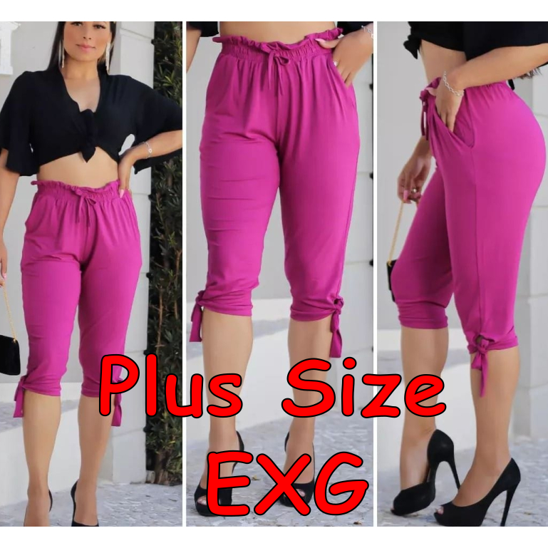 Calça Capri bermuda Capri Rosa Pink Fucsia Plus Size EXG G1 em malha Viscolycra com laço Shorts Cintura alta Confortável cós alto Viscolino