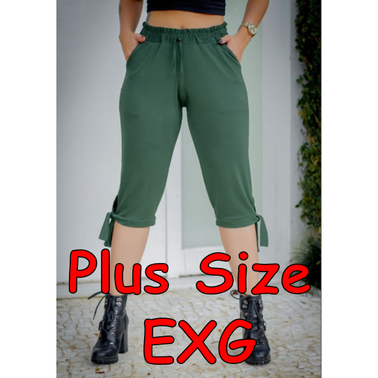 Calça Capri bermuda Capri Verde Militar Plus Size EXG G1 em malha Viscolycra com laço Shorts Cintura alta Confortável