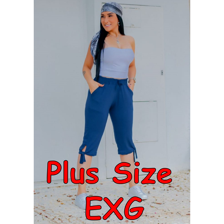 Calça Capri bermuda Capri Azul Marinho Escuro Plus Size EXG G1 em malha Viscolycra com laço Shorts Cintura alta Confortável cós alto Viscolino