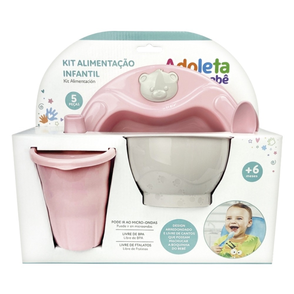 Kit alimentação Infantil Adoleta com 5 peças - Azul ou Rosa - Prato Copo Talher Tijela