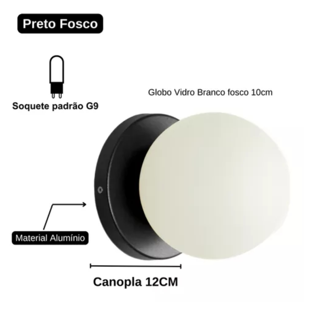 Arandela Slim Globo 10 Jabuticaba Preto Fosco