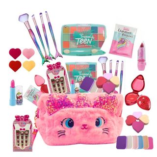 kit Maquiagem de criança Infantil 11 itens completo sombras necessaire gloss batom pinceis