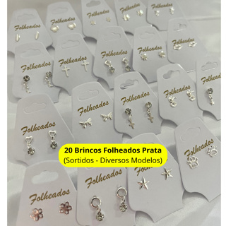 KIT 20 Pares Brincos Pequenos Folheados Prata Sortido Antialergico com Garantia Revenda Segundo furo em Oferta na Shopee