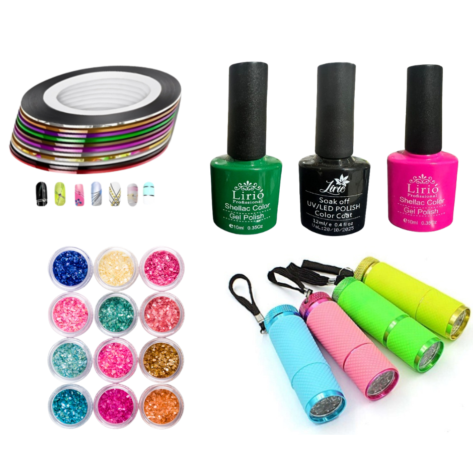 kit manicure iniciante fitilho sortido 03 esmaltes lirió 12 gliter flocado lanterna uv oferta