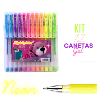 Kit 12 Canetas Gel cores Neon e Pastel Com Grip