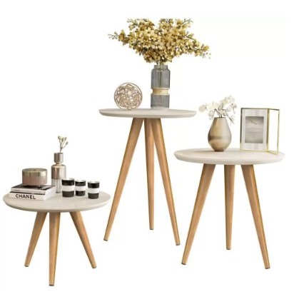 Kit Trio Jogo de Mesinhas Lateral Redondas Sala Pé Palito Retro - 55, 45 e 30cm de altura