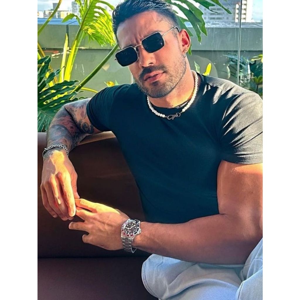 Colar de Pérola masculino fecho mosquetão Bill Prateado Moda Joias 45cm fixo