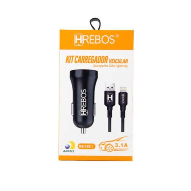 Carregador Veicular c/ 2 Entradas USB e Cabo iPhone / Lightning HREBOS - HS-182I