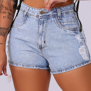 Short Jeans Bermuda Feminino Cintura Alta Cós Alto Destroyed