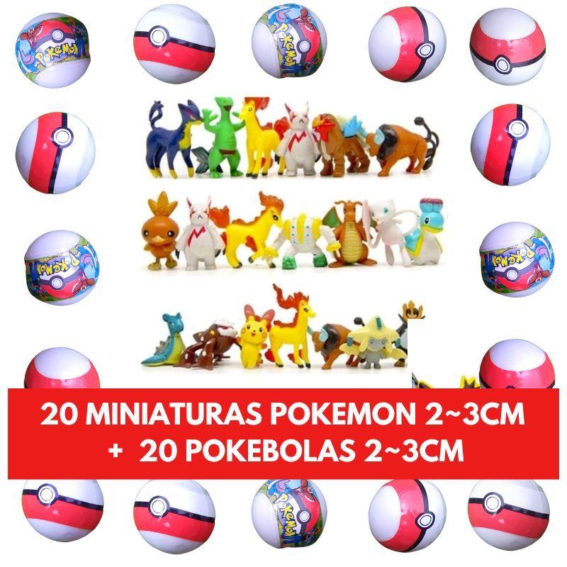 Kit Com 20 Miniaturas Pokémon + 20 Pokebolas 2-3cm Brinquedo