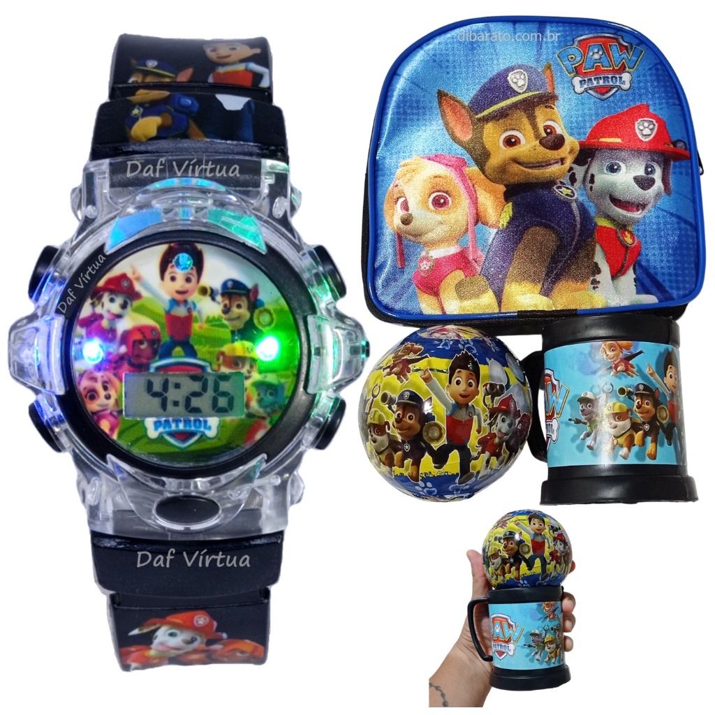 Relogio Patrulha Canina infantil mochila caneca relogio musical luzes digital