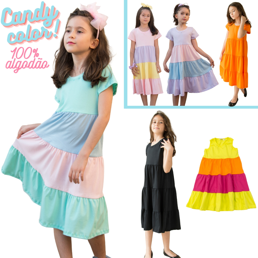 Vestido Infantil Manga Curta Color Block 3 Marias Candy Color - Tamanho 02 ao 12
