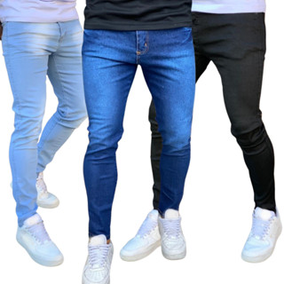 kIT 3 CALÇAS MASCULINAS JEANS ELASTANO COM LYCRA (media - clara - preta)