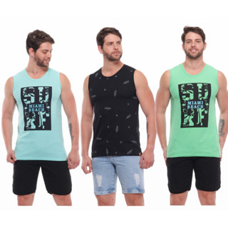 Kit 3 Camiseta Regata Masculina Tradicional estampadas 100% Algodão 30.1