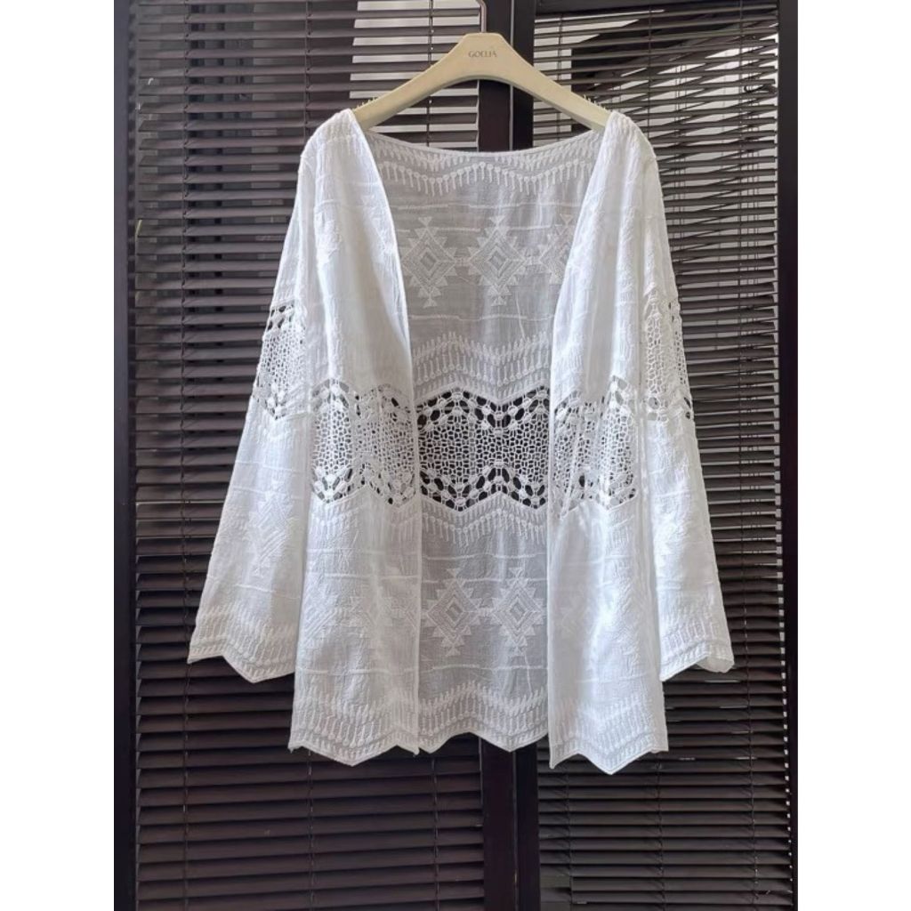 Cardigan de renda bordado de algodão puro jaqueta de manga comprida com xale jaqueta de férias de viagem-154