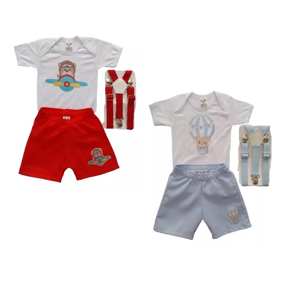 Conjunto Infantil Temático Roupa Festa Bebê Menino Ursinho Baloeiro E Urso Aviador