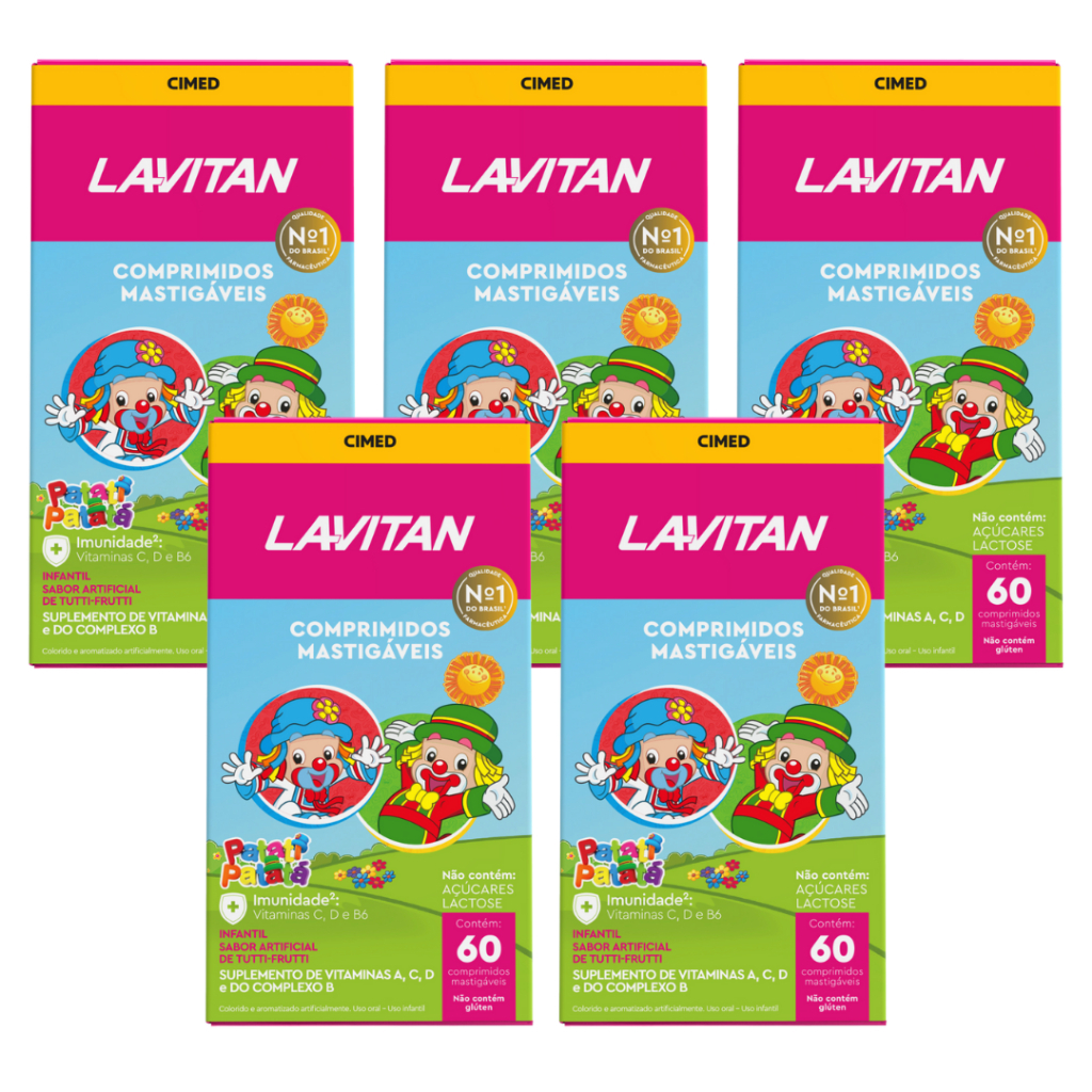 Kit com 5 Lavitan Patati Patata Vitamina Infantil Sabor Tutti Frutti Cimed c/60 Comprimidos