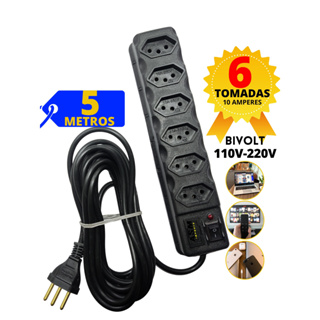 Filtro de Linha 5M Régua elétrica 6,  5, 4 e 3 Tomadas Cabo 5 Metros de fio Fusível 110v-220v em Oferta na Shopee