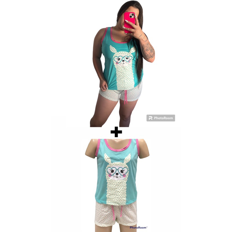KIT Pacote 02 Pijama Baby Doll Lhama Mãe e Filha Shortinho Verão Regata Feminino Adulto Infantil Juvenil Mulher de Malha Algodão Regata Verão Temático Disney Confortável Malha Times Kit Conjunto