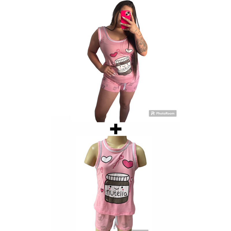 KIT Pacote 02 Pijama Baby Doll Nutella Mãe e Filha Shortinho Verão Regata Feminino Adulto Infantil Juvenil Mulher de Malha Algodão Regata Verão Temático Disney Confortável Malha Times Kit Conjunto