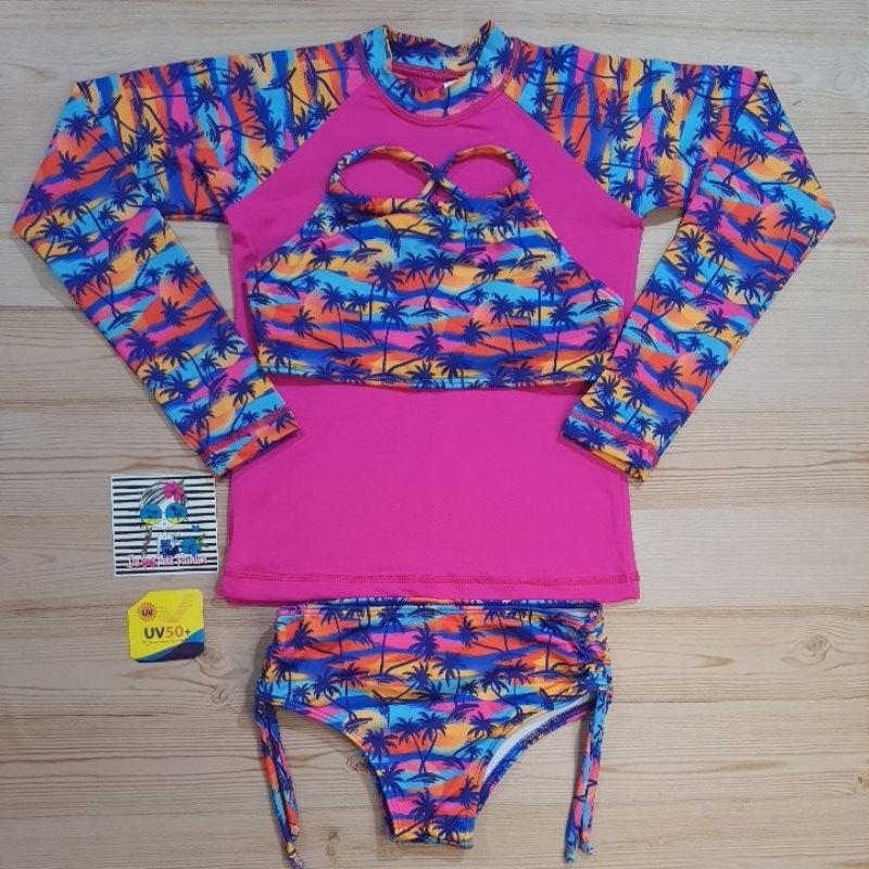 Kit Biquíni Completo e Blusa Manga Longa Infantil Menina Praia e Piscina Forrado não Cavado Feminino Proteção Solar UV 50+ Envio Imediato