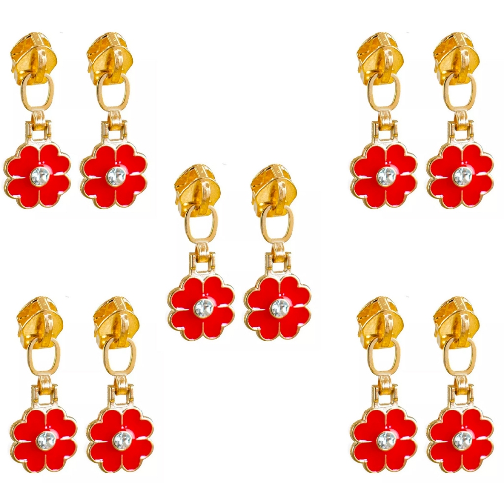 Cursor Ziper N?5 Metal Dourado Trevo 04 Folhas Vermelho.