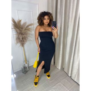 Vestido Canelado 3D Qualidade Tomara que caia Fenda Midi