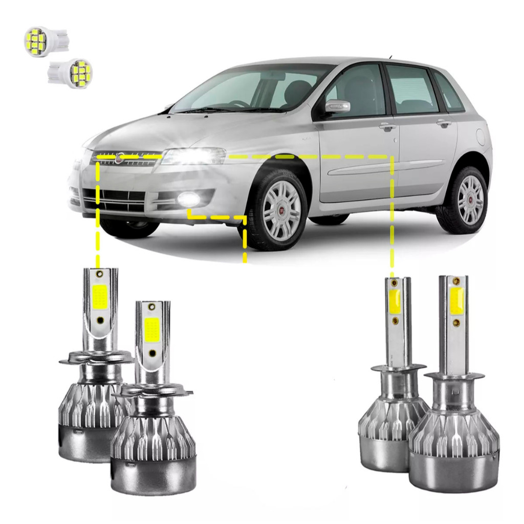 Kit Ultra LED Alta Baixa Fiat Stilo 2003 2004 2005 2006 2007 2008 2009 2010 2011 20000 Lúmens 6500K em Oferta na Shopee